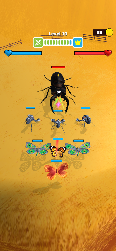 Merge Ant: Insect Fusion - Captura de pantalla del juego de Merge Ant Insect Fusion que muestra un escuadrón de mariposas y hormigas luchando contra un escarabajo gigante