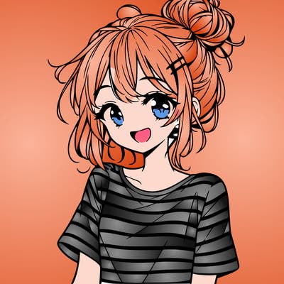 anime girl teenager striped shirt and smile and messy bun