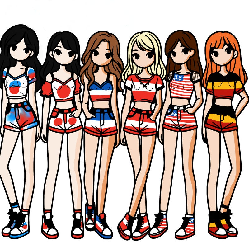 a group of girls wearing crop tops and shorts