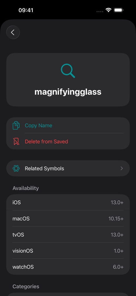 SF Search - 虫眼鏡SFシンボルの詳細情報とプラットフォームの可用性を表示するインターフェース。