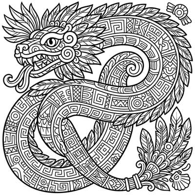 Dive into the rich symbolism of ancient Mesoamerica with this stunning feathered serpent coloring page. Featuring Quetzalcoatl, this intricate design is filled with traditional patterns for a captivating creative experience.