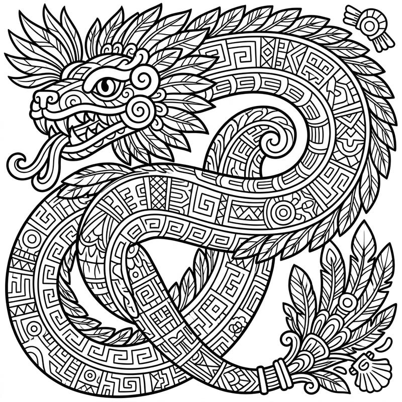 Dive into the rich symbolism of ancient Mesoamerica with this stunning feathered serpent coloring page. Featuring Quetzalcoatl, this intricate design is filled with traditional patterns for a captivating creative experience.