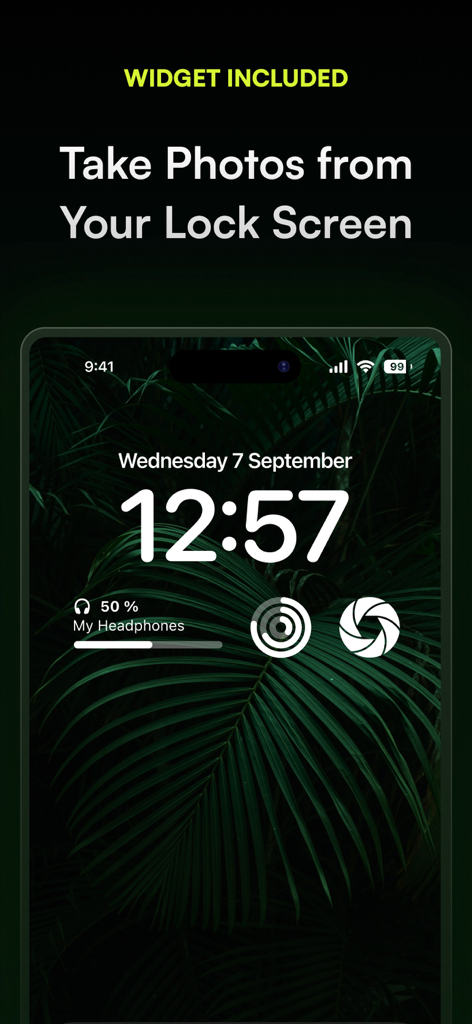 Encamera Encrypted Photo Vault - Pantalla de bloqueo del iPhone que muestra el widget de Encamera para tomar fotos privadas al instante.