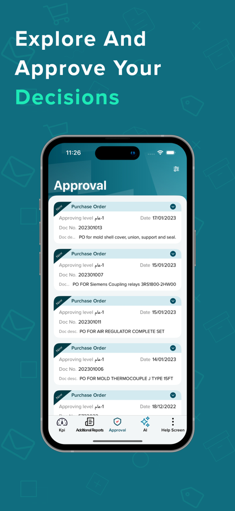 Onyx Pro Mobile approval interface showing a list of pending purchase orders for business decisions