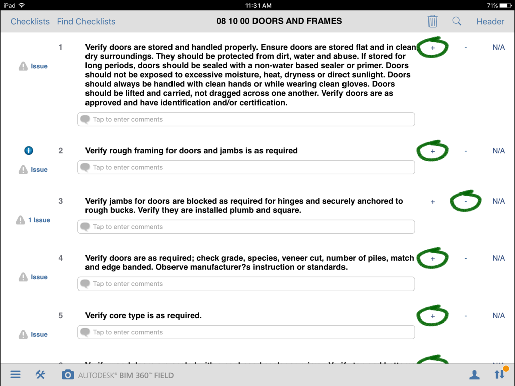 A digital construction quality control checklist for doors and frames within the BIM 360 Field mobile app on an iPad