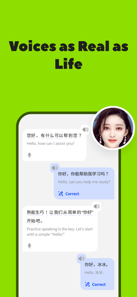 LingChat – AI Speaking Friends - LingChat app interface showing a bilingual Chinese-English conversation with an AI character and grammar correction tools.