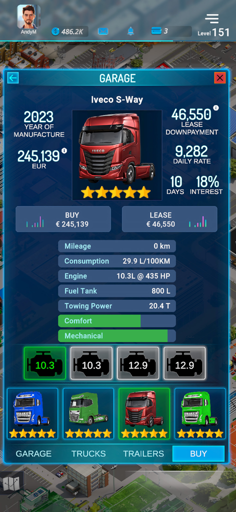Truck specifications and purchasing interface in the Virtual Truck Manager 3 garage screen