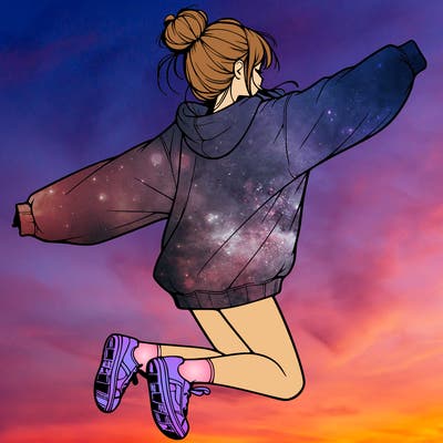 realistic girl jumping with a bun and oversized sweatshirt