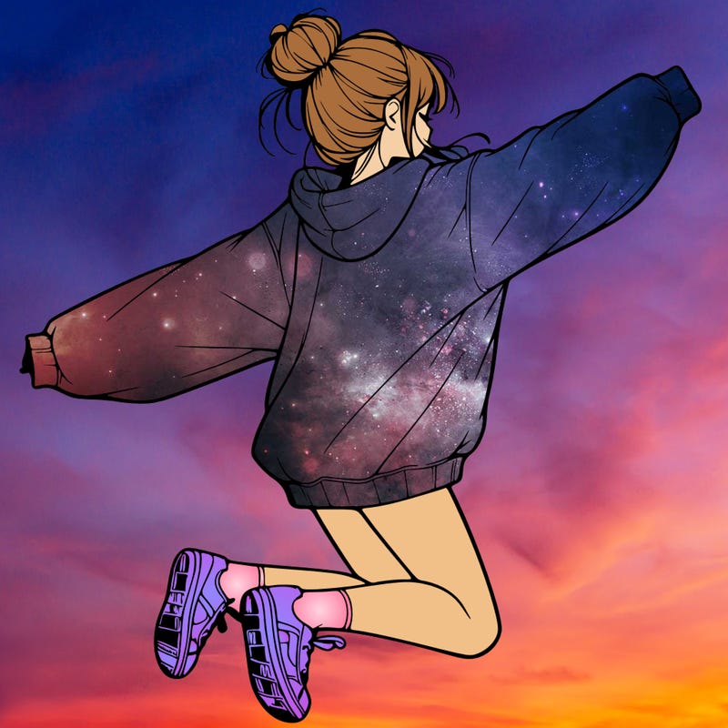 realistic girl jumping with a bun and oversized sweatshirt