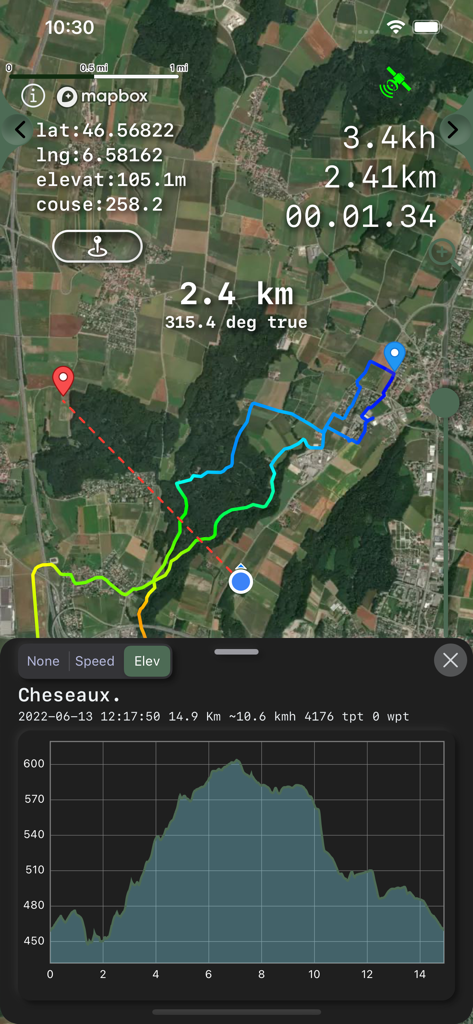 GPS Tracker: Offline Maps, GPX - GPS tracking app showing a satellite map route and an elevation profile graph