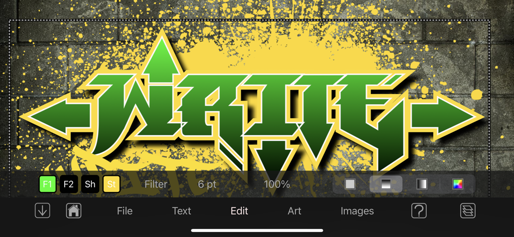 Graffiti Fonts - Graffwriter - A green and yellow graffiti style word design in the Graffwriter mobile app interface