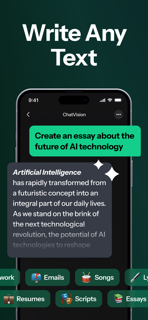 ChatVision - AI Chatbot Expert - iPhone displaying ChatVision app generating an essay with various writing templates like emails and resumes at the bottom