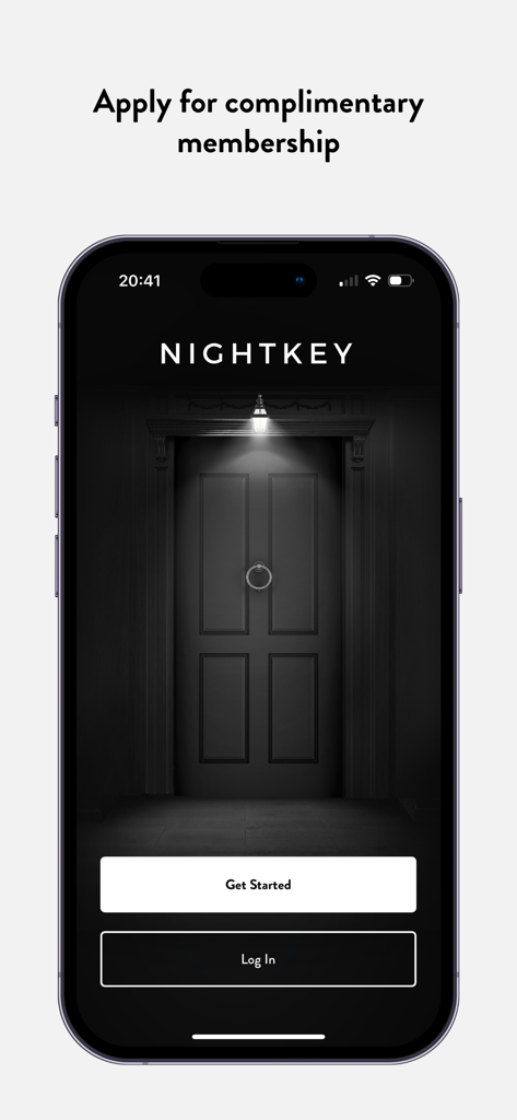 Nightkey: Exclusive Offers - Nightkey app welcome screen with a private club door and membership application buttons
