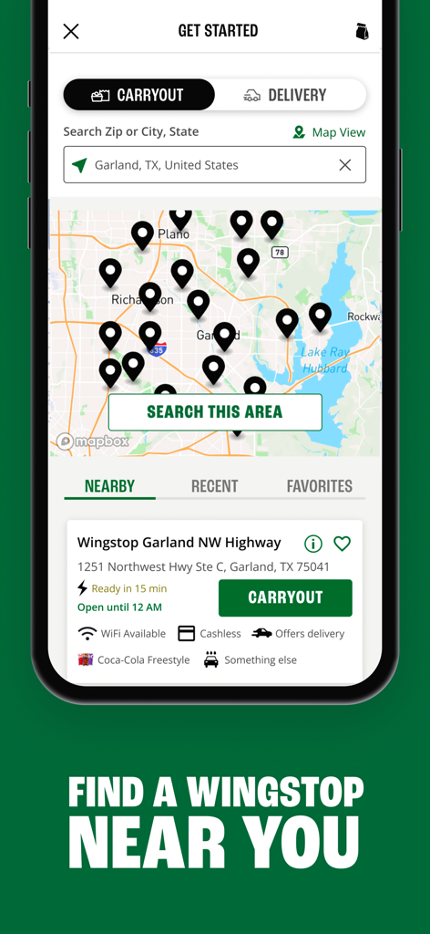 Wingstop app interface showing a map of nearby restaurant locations for carryout or delivery