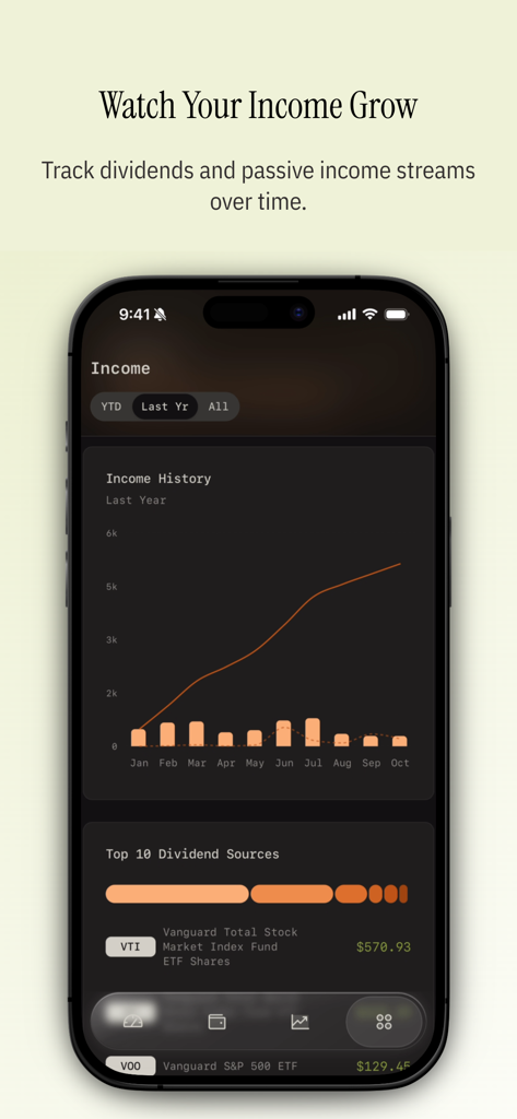 Wealthfolio: Private Finance - Interface do aplicativo Wealthfolio mostrando um gráfico do histórico de renda e uma lista de fontes de dividendos.