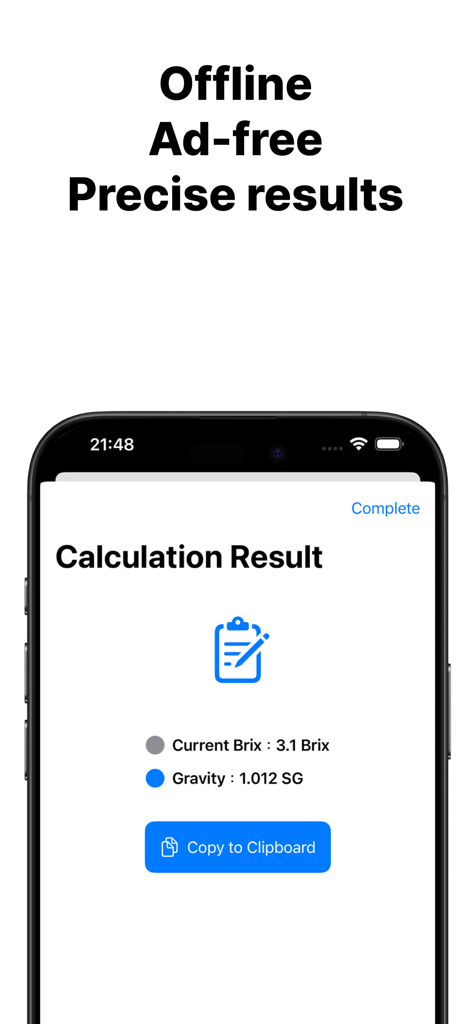 Calculation result screen showing Brix and Specific Gravity values with a copy to clipboard button