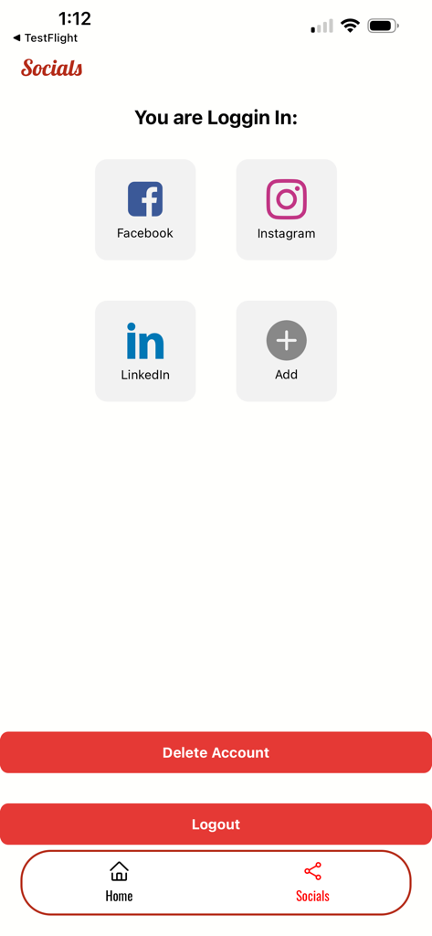 Addictive Design - Interface of the Addictive Design app showing linked social media accounts for Facebook Instagram and LinkedIn