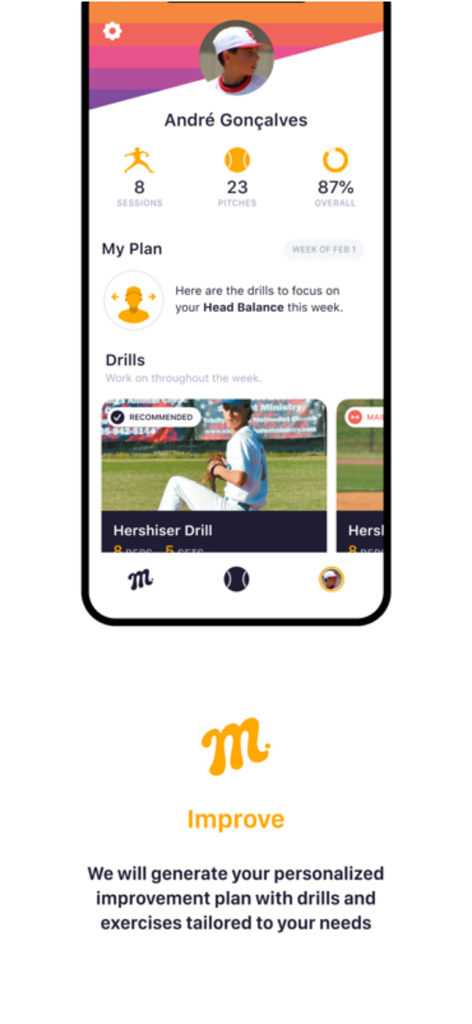 Mustard: Pitching - Une capture d'écran de l'application Mustard Pitching affichant un profil d'utilisateur avec des statistiques de lancer et un plan d'entraînement personnalisé avec des exercices.