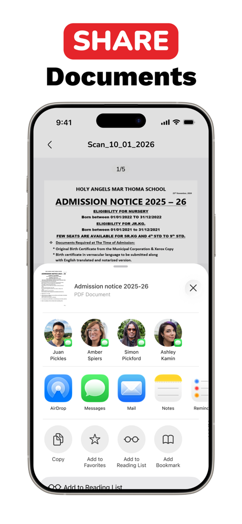 PDF Star 앱에서 스캔된 PDF 문서의 공유 메뉴를 보여주는 iPhone 화면