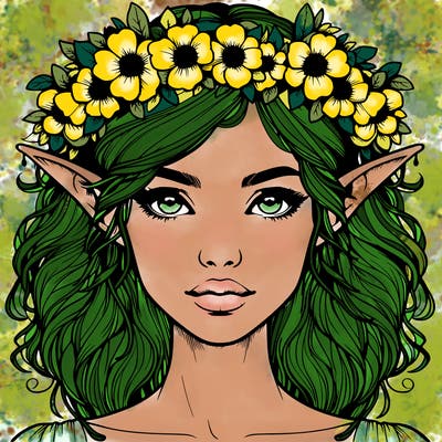 realistic female elf with flower crown