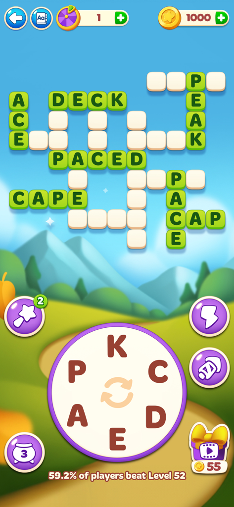 Word Spells: Game for Seniors - Ein Kreuzworträtsel-Interface aus dem Handyspiel Word Spells, das ein kreisförmiges Buchstabenrad und gelöste Wörter vor einem malerischen Hintergrund zeigt.