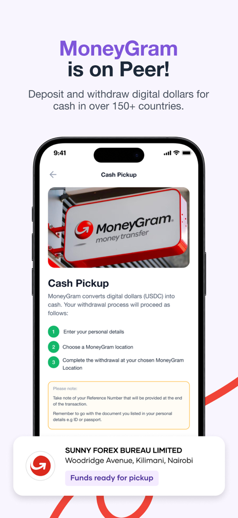 Peer - the everything app. - MoneyGramの現金受け取りとグローバルデジタルドルの引き出しのためにPeerで統合されたモバイルアプリ画面。