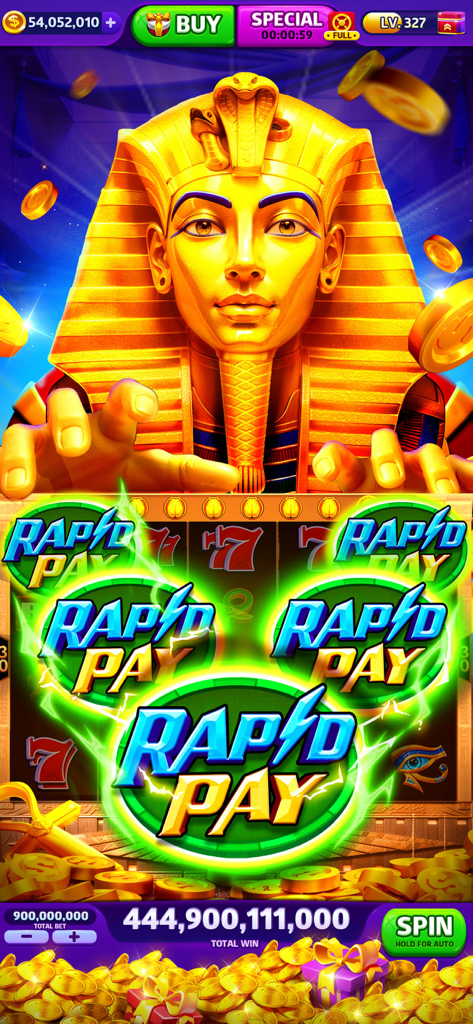 Cash Frenzy™ - Slots Casino - Máquina tragamonedas con temática de faraón egipcio mostrando una masiva victoria de jackpot de monedas en Cash Frenzy