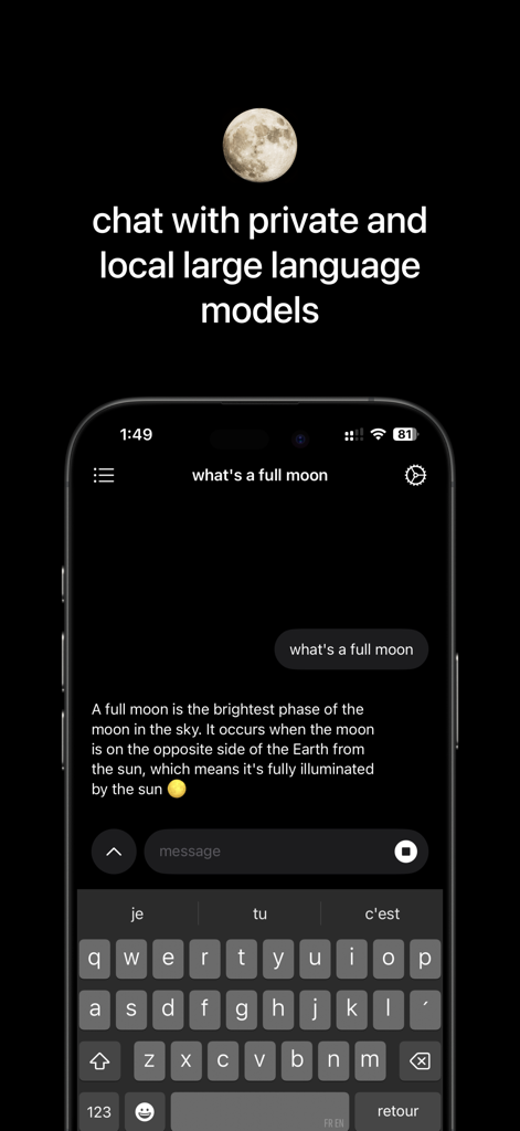 fullmoon: local intelligence - Fullmoon app screen showing private local AI chat on an iPhone