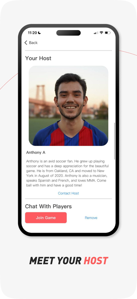 Schermata dell'app GoodRec che mostra il profilo di un organizzatore di partita con bio e opzioni per unirsi a una partita