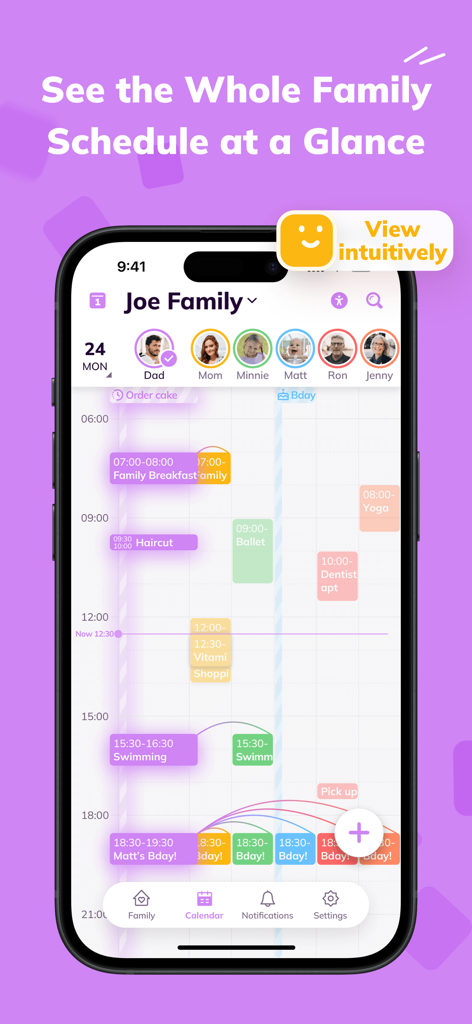 Cubbily app interface displaying a color coded shared family calendar schedule
