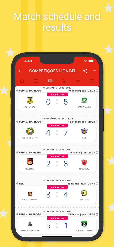 Mobile app screen displaying sports league match schedules and final scores with team logos