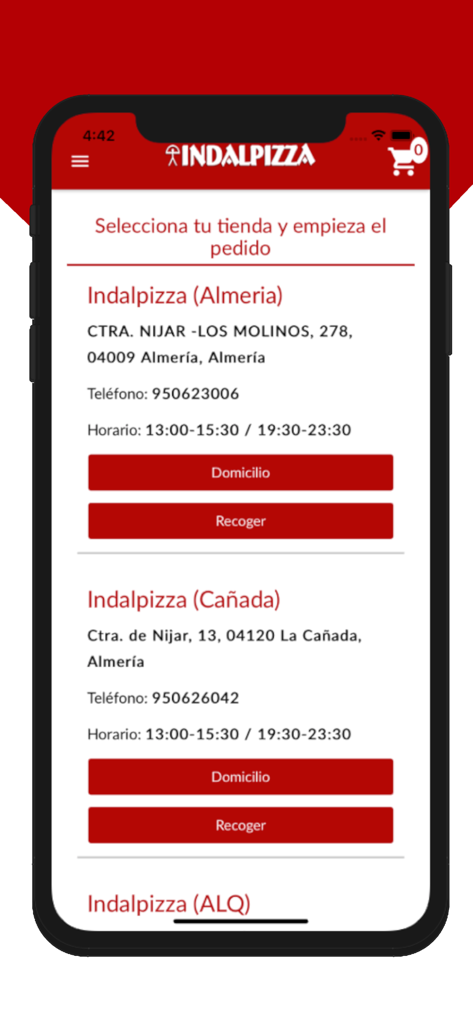 Pantalla de selección de tienda de la app móvil IndalPizza mostrando una lista de ubicaciones de tiendas en Almería con opciones para seleccionar entrega o recogida