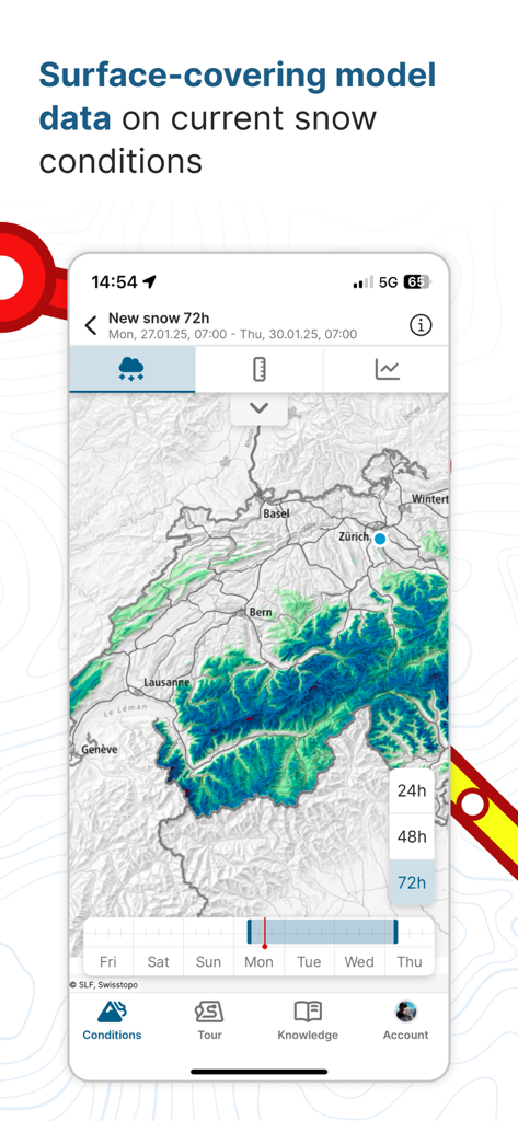 White Risk app showing a map of Switzerland with new snow accumulation data over 72 hours.