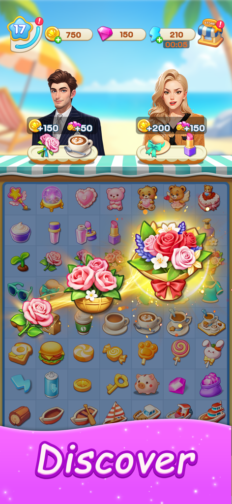 Merge Fashion: Romance Story - Mobile gameplay showing a merge puzzle with flowers and characters in Merge Fashion Romance Story