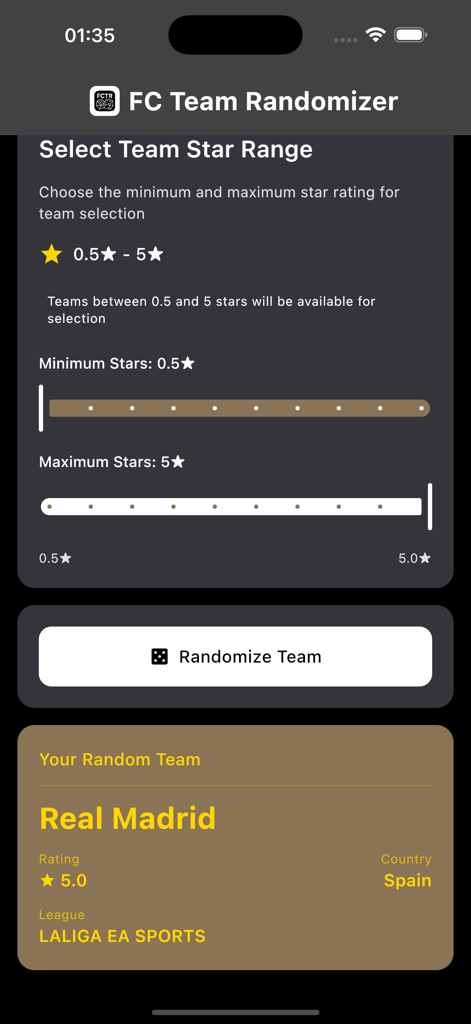 FC 26 Team Randomizer - Interface of the FC 26 Team Randomizer app showing team star range sliders and a random result for Real Madrid