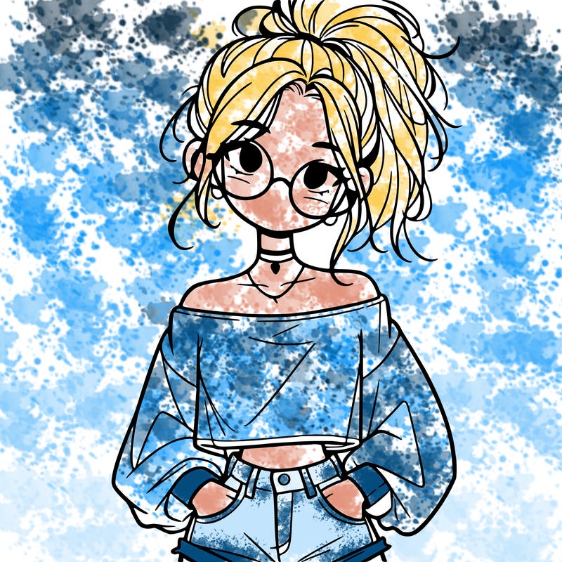 girl with a messy ponytail glasses a baggy crop top and jean shorts