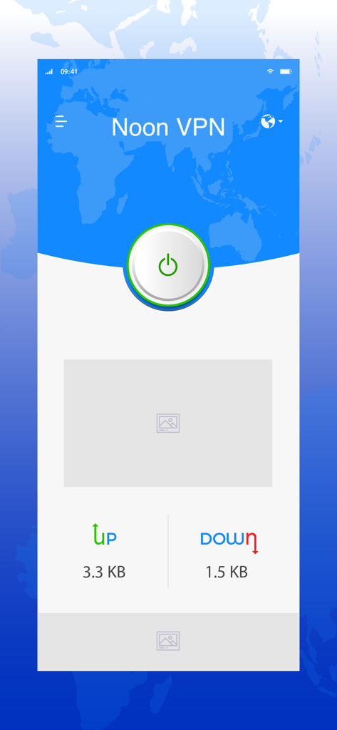 Noon VPN - Tela principal da Noon VPN com botão de ligar e velocidades de conexão