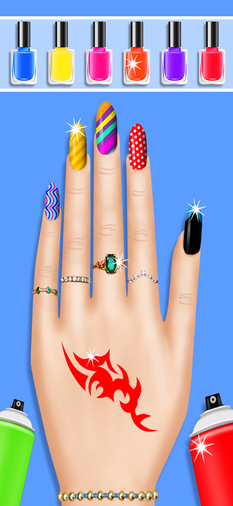 Gameplay showing a hand with colorful nail art, a red tattoo, and jewelry in the ASMR Doctor game