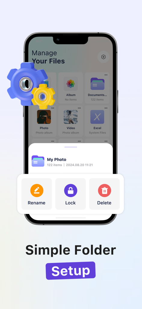 DocClear:clean my phone - Interfaz de la aplicación DocClear mostrando opciones para renombrar, bloquear y eliminar carpetas de archivos para una organización simple
