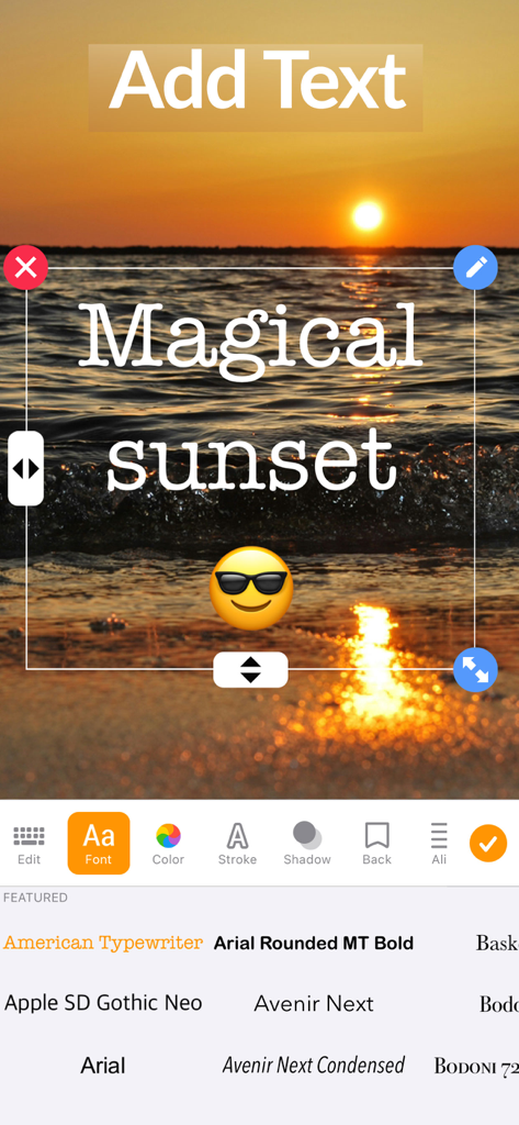 Slideshow Maker Video & Photo - Interface of the Slideshow Maker app showing the text editor tool with a sunset background and various font options