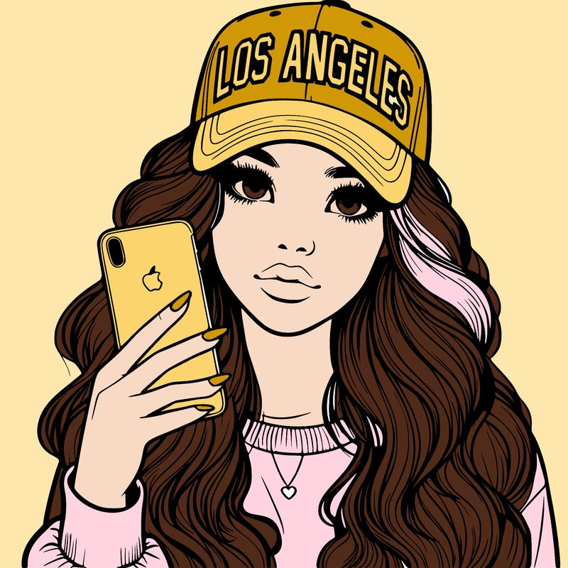 realistic beautiful girl wearing los ángeles cap holding an iphone