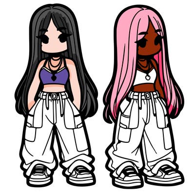 girl in baggy pants crop top and long hair