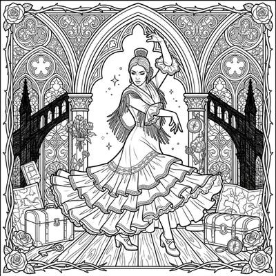 Unleash your creativity with this unique coloring page featuring a passionate flamenco dancer amidst a dramatic gothic backdrop. Discover hidden travel motifs and ornate details as you bring this mysterious vacation scene to life.