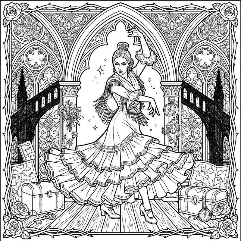 Unleash your creativity with this unique coloring page featuring a passionate flamenco dancer amidst a dramatic gothic backdrop. Discover hidden travel motifs and ornate details as you bring this mysterious vacation scene to life.