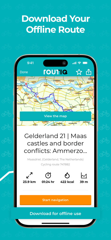 Routiq, Outdoor routes - Tela do aplicativo Routiq exibindo detalhes da rota de ciclismo e opção de download offline.
