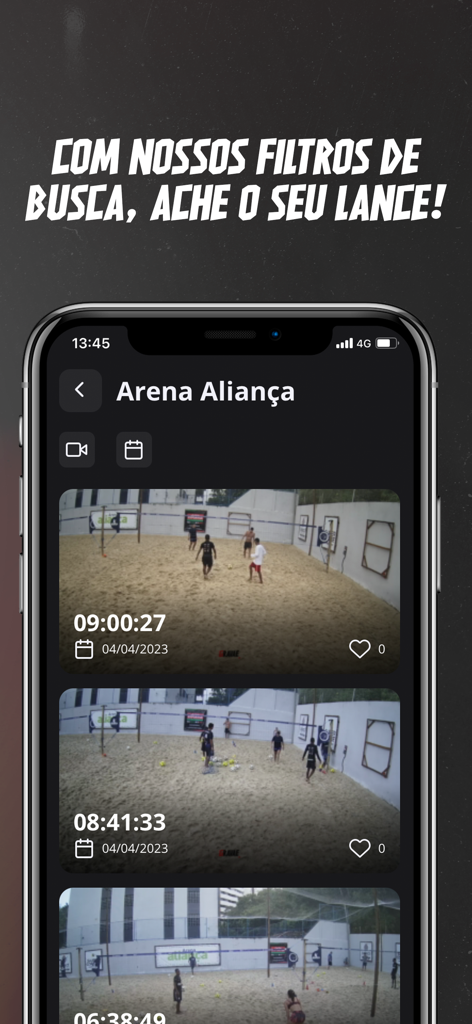 Gravae app interface showing a list of recorded sports highlights from an arena with video timestamps and search filters