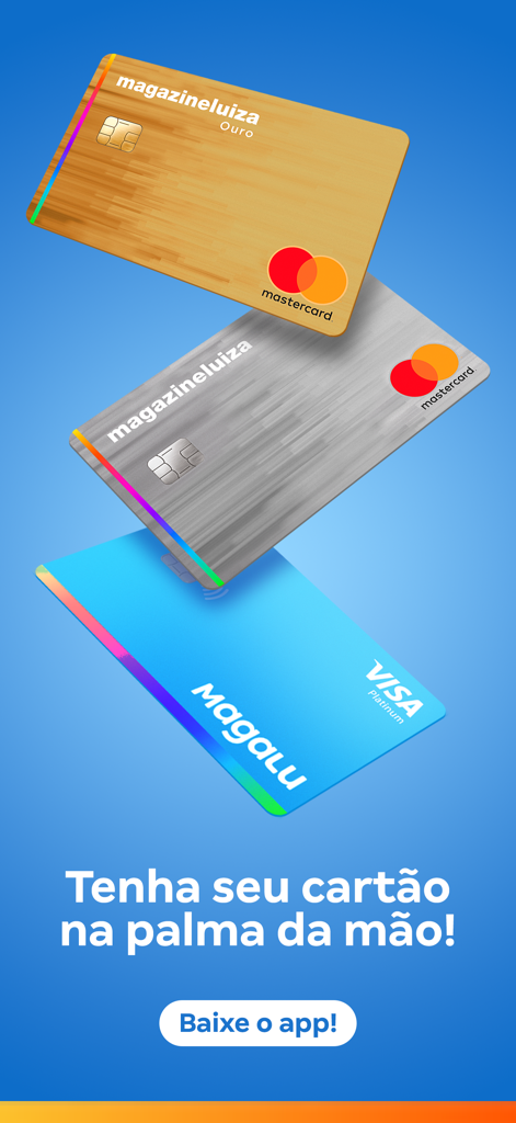 Cartão Luiza: descontos Magalu - Three Magazine Luiza credit cards floating over a blue background with a call to action to download the mobile app