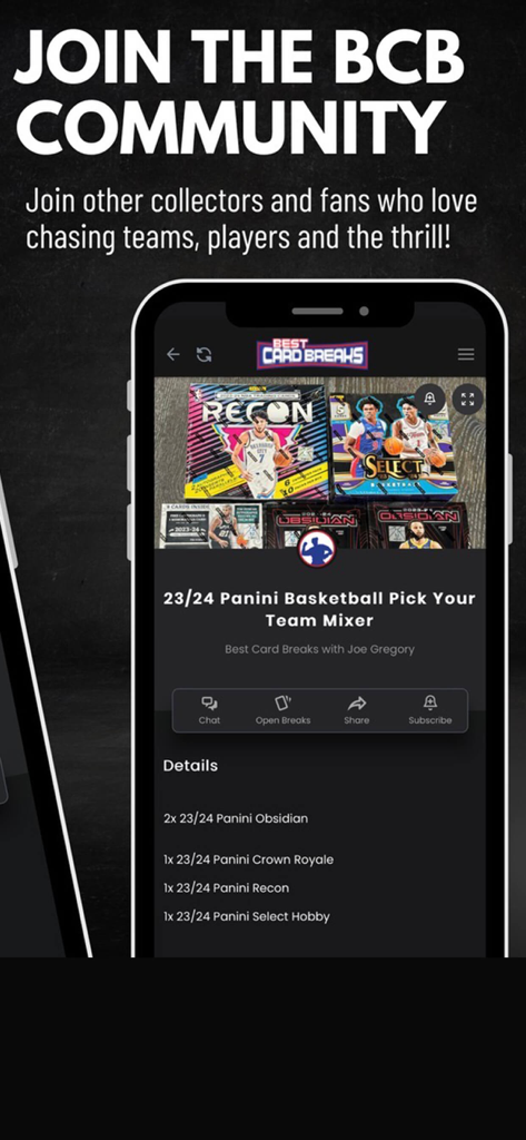 Best Card Breaks - Smartphone showing the Best Card Breaks app with a basketball card mixer and community invitation