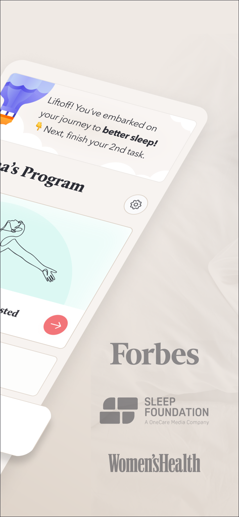 Sleep Reset: CBT for Insomnia - Screenshot of the Sleep Reset app interface showing social proof with logos from Forbes, Sleep Foundation, and Women's Health.