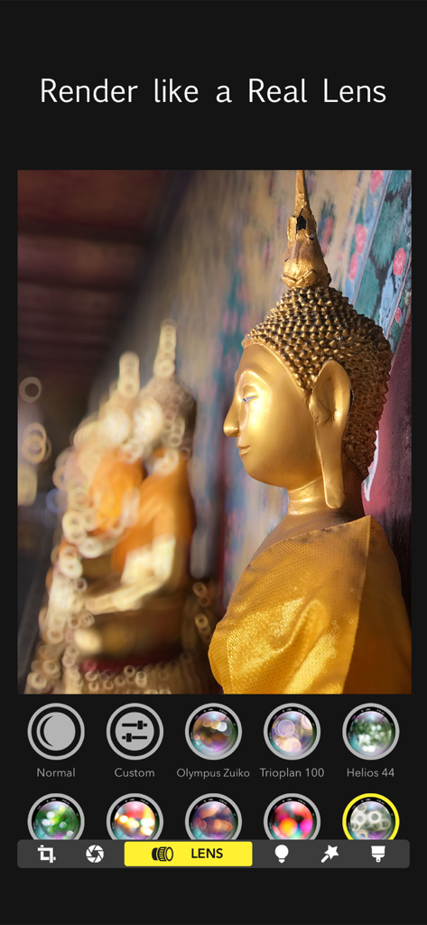 Interface da app Focos exibindo opções de simulação de lente para criar efeitos bokeh profissionais numa foto de um Buda dourado.